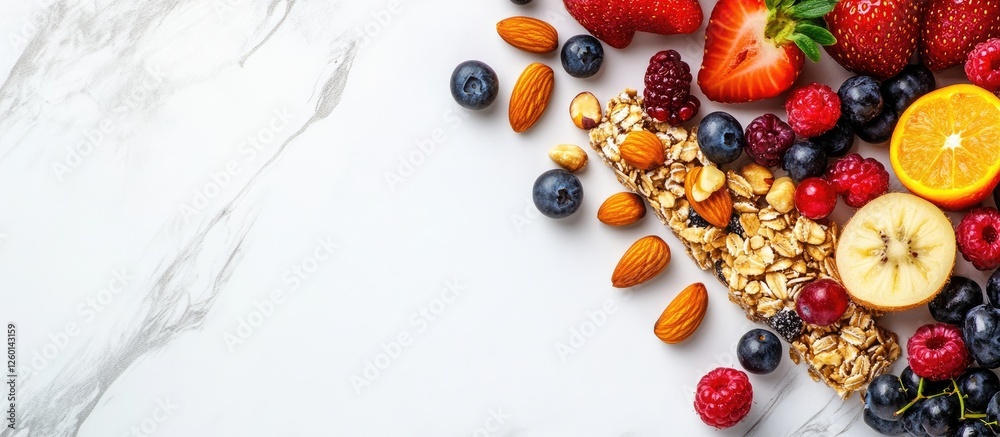 Aufkleber granola bar with oats and nuts beside fresh strawberries blueberries and oranges on a white stone ta