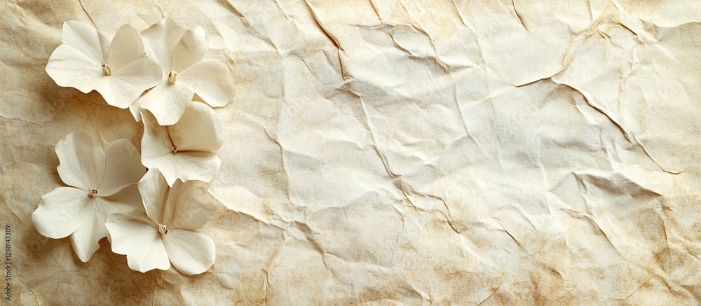 Poster Delicate crumpled beige paper with soft white floral accents positioned on the left side creating an elegant vintage background texture.