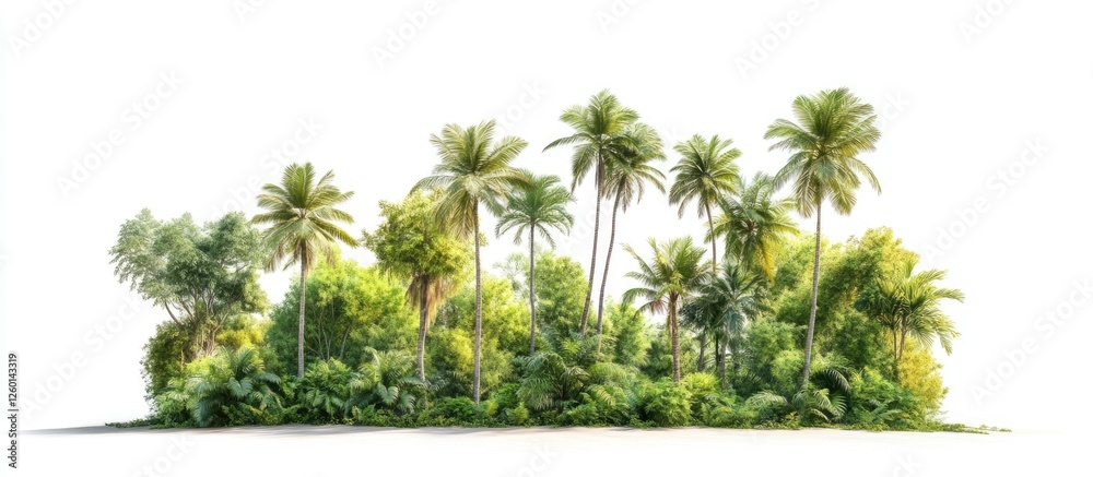 Poster tropical greenery with lush green trees and palms isolated on a clean white background, creating a v