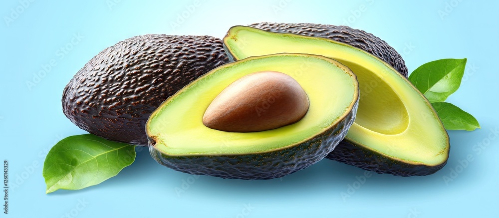 Poster fresh ripe avocados sliced with seeds and green leaves displayed on a vibrant blue background top vi