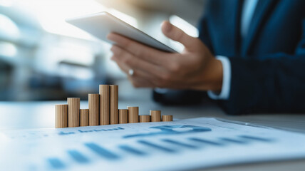 Analyzing the Data: A businessman meticulously reviews financial data, examining a graph depicting growth and progress, demonstrating a focus on strategy and development.  