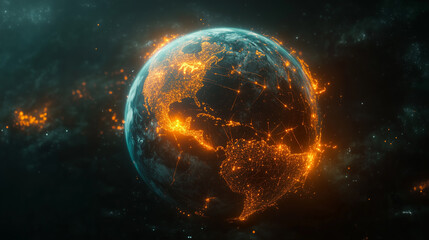 Digital Planet in Green Light – An image of the globe surrounded by a network of bright green lines, symbolizing digital communications and future technologies..