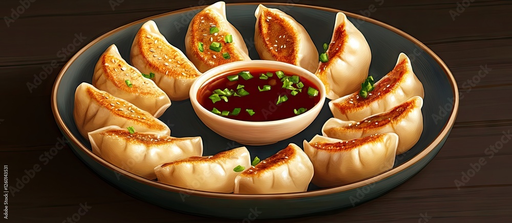Poster homemade gyoza dumplings arranged in a circular pattern on a dark plate with a small bowl of dipping