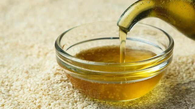 Unrefined cold-pressed sesame oil slowly poured into a glass bowl