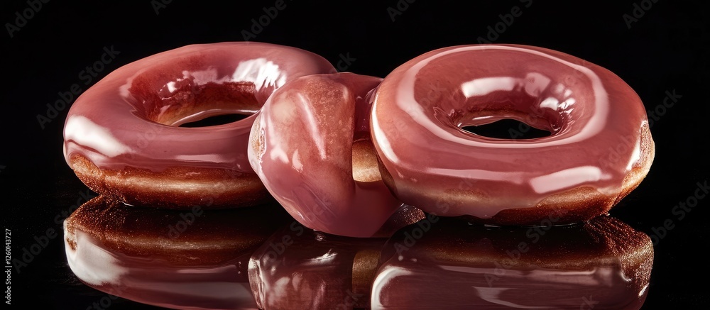 Poster gourmet donuts with a rich chocolate glaze set against a black background showcasing their glossy fi