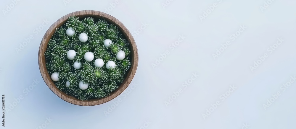 Poster top view of green onions in a round wooden bowl with a light wood texture on a pale blue background,