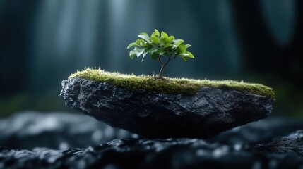 Fototapeta premium Small tree grows on a floating rock surrounded by a mystical forest