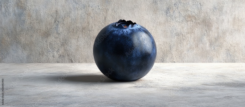 Poster Ripe single blueberry on a light textured backdrop creating a striking visual contrast that emphasizes its rich blue hue and unique shape