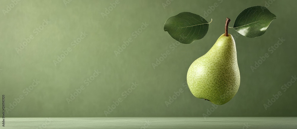 Poster fresh green pear hovering with two green leaves above it on a soft green background showcasing food 