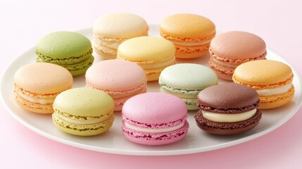 Obraz premium A variety of colorful macarons neatly arranged on a plate, soft pastel background with negative space.