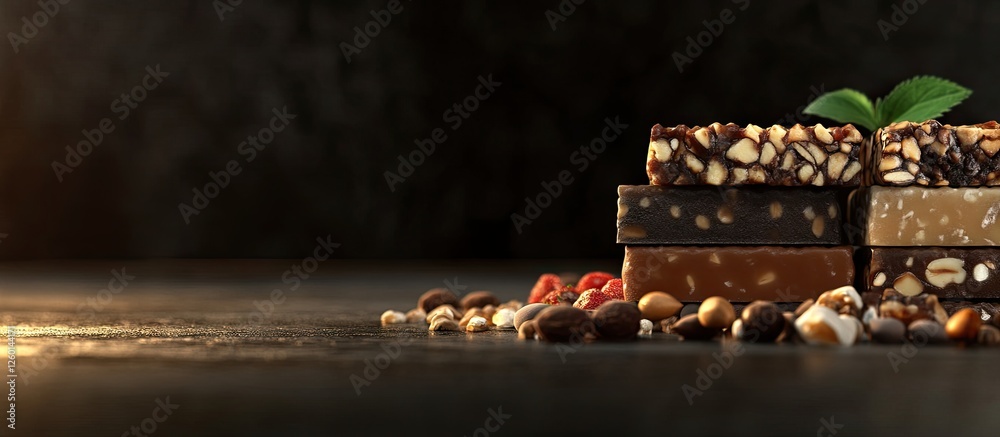 Poster assorted healthy energy bars displayed on dark wooden surface with nuts and seeds scattered around, 
