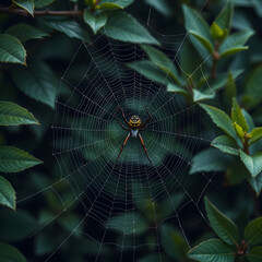 Fototapeta premium a striking spider sits at the center of its intricately woven web,
