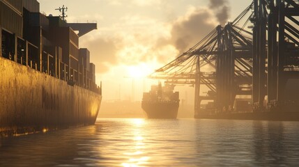 Container Ships at Golden Hour Dockside Sunset