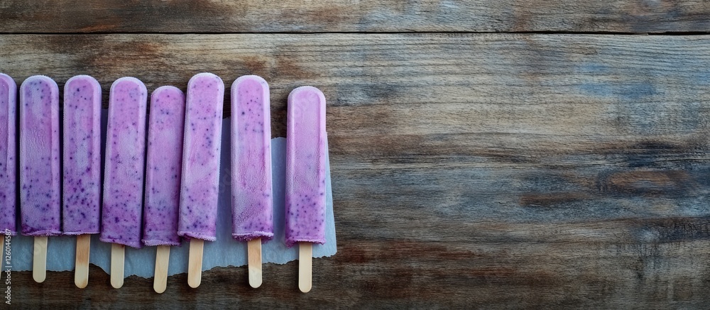 Poster cluster of homemade blueberry vanilla ice pops featuring a soft purple hue arranged neatly on a rust