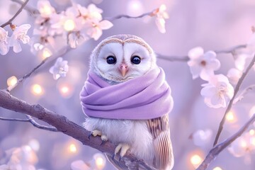 Obraz premium Charming owl wrapped in purple scarf flowering branch wildlife photography serene environment close-up perspective cute concept