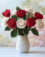 crochet rose bouquet, featuring a set of 6 or 9 handmade crochet roses, meticulously crafted in shades of soft red, pink, and white. The bouquet is beautifully arrange
