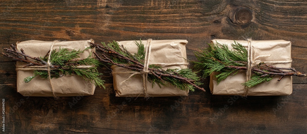 Poster rustic christmas gift packages arranged in a row on a dark wooden surface with greenery and twine ac