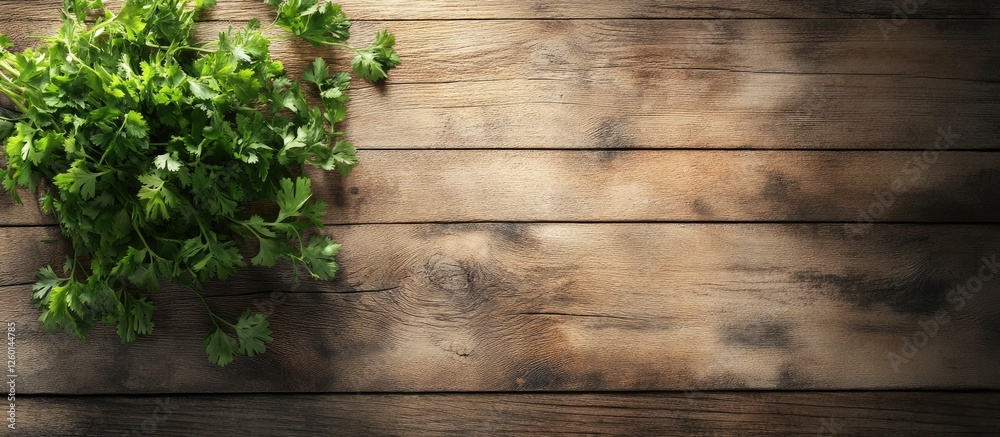 Poster Fresh vibrant green coriander herbs on a rustic wooden table with a dark background creating a warm atmosphere with ample space for text.
