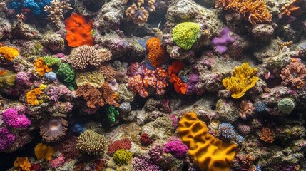 Obraz premium A vibrant, colorful reef along the coastline, where clear ocean water reveals coral formations.