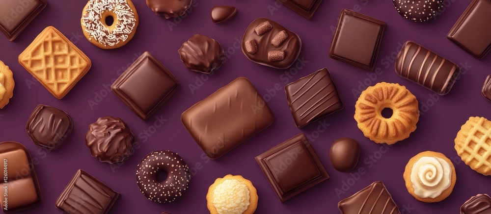 Poster assorted chocolate confections arranged artistically on a deep purple background showcasing various 