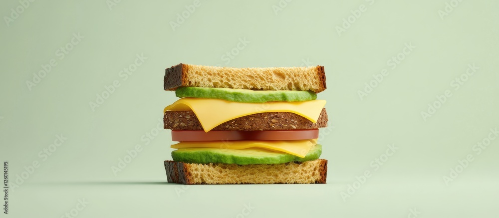Poster healthy sandwich featuring layers of cheese, tomato, and avocado between whole grain bread against a