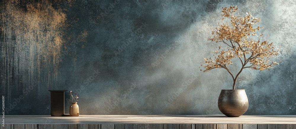 Poster abstract vintage wooden backdrop with gray tones featuring a decorative tree in a black vase and a s