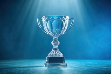 Crystal trophy cup on a blue background with light. Concept for Winner, Prize, Champion, Competition, Success, Award