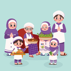 Muslim Family Greeting and Celebrate Eid and Ramadan Kareem 