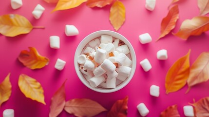 Obraz premium Overhead view of marshmallow-topped hot chocolate surrounded by colorful autumn leaves scattered across a pink background, a cozy fall design. AI generated.