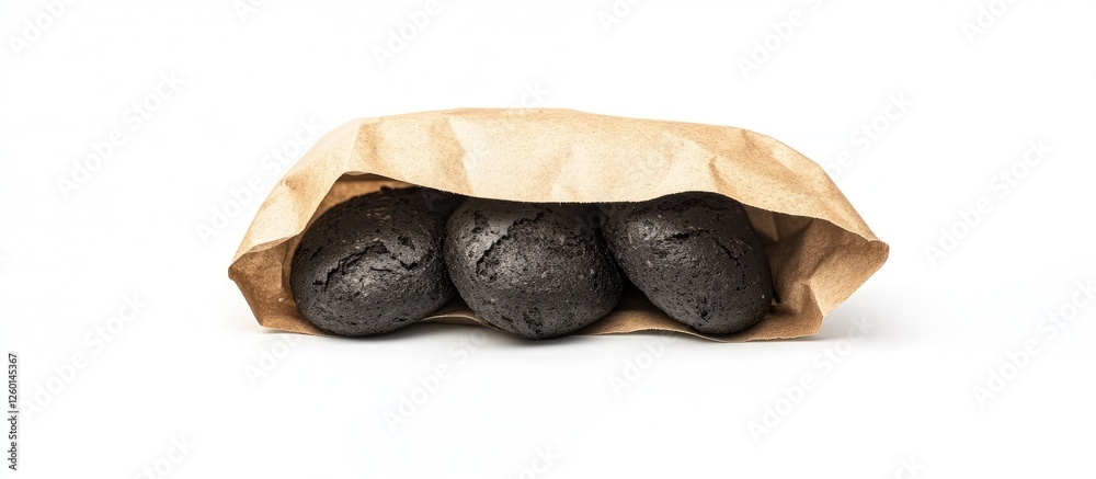Poster freshly baked black bread rolls in a brown kraft paper bag resting on a clean white background with 