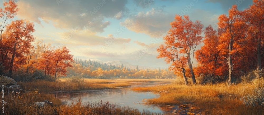 Poster vibrant autumn landscape with orange and red foliage reflecting in a tranquil lake under a soft blue