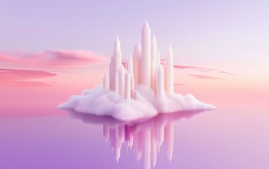 Majestic cloud city reflection serene water surface digital art dreamlike environment aerial view ethereal concept