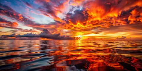 Crimson clouds ablaze, mirrored in a tranquil sea; macro lens captures fiery sunset's ocean embrace.