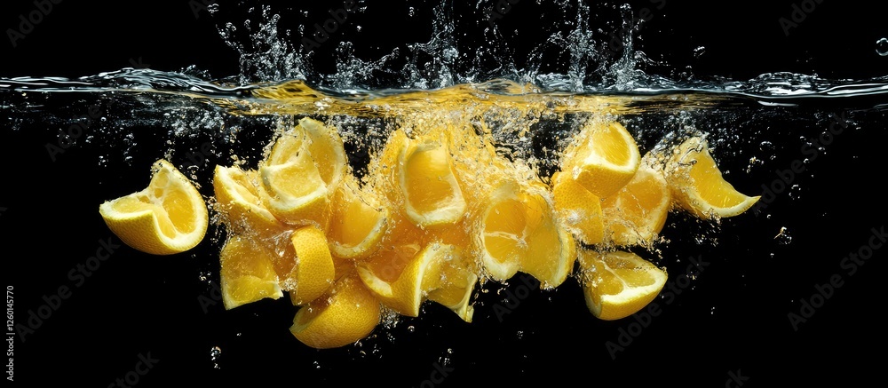 Poster Citrus lemon wedges splashing into dark water creating dynamic ripples and bubbles with vibrant yellow colors against a black background