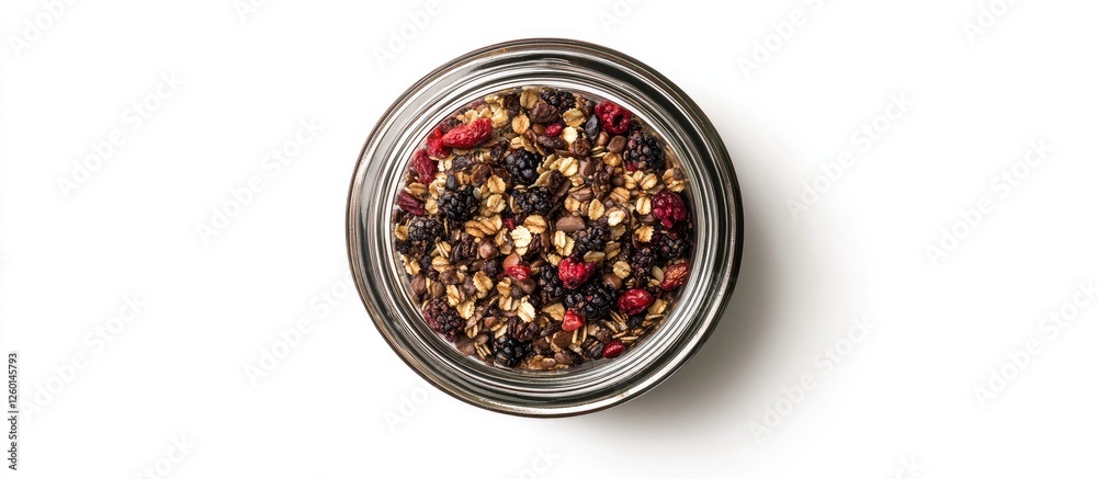 Poster Homemade granola and mixed berries in a glass jar on a white background top view showcasing rich textures and vibrant colors in a rustic setting