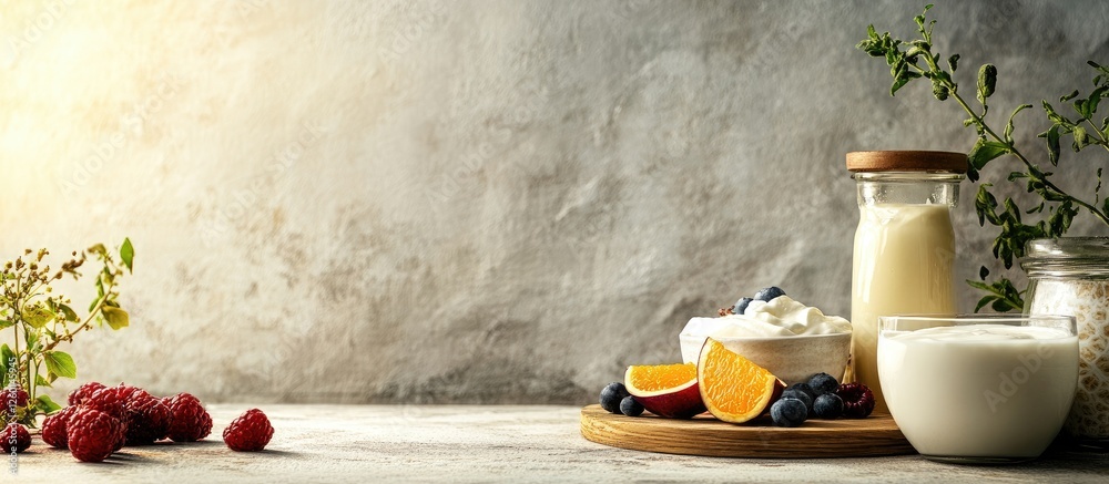 Poster assorted yogurt dishes on a light wooden table with raspberries, blueberries and orange slices on th