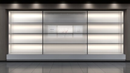 Obraz premium A well-lit modern display shelf with white walls and open space for showcasing products or graphics.