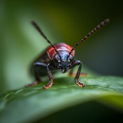 Fototapeta premium Red beetle macro shot on leaf, blurred green background, nature photography