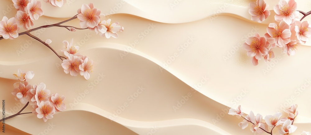 Poster delicate cherry blossom branches in soft pink adorn a textured golden background with gentle waves i