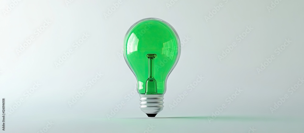 Poster vivid green light bulb centered on a white background showcasing its bright color and transparent de