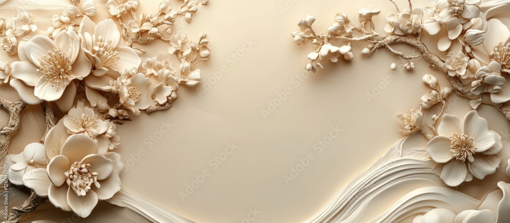 Aufkleber elegant cream-colored floral relief with intricate blossoms positioned at the top left and bottom ri