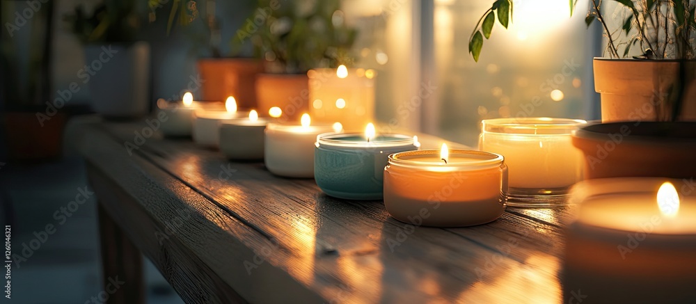 Aufkleber handcrafted candles in soft pastel colors line a rustic wooden bench, casting warm light in a serene