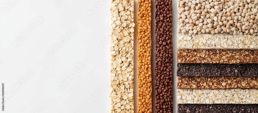 Poster assorted granola bars in various colors including beige brown and dark brown stacked vertically on a