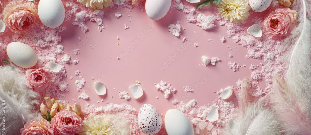 Aufkleber easter floral and feather decorative frame with white egg shells on a soft pink background featuring