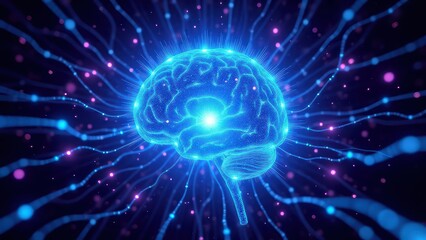 Fototapeta premium a glowing blue digital rendering of the human brain, with neuron-like lines radiating outward into the darkness, as if the brain is transmitting information to the world around it