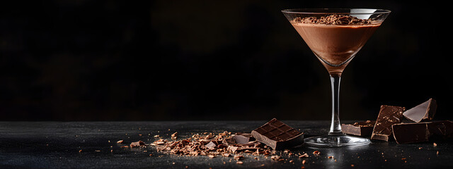 Chocolate martini with chocolate shavings, with pieces of dark and milk chocolate on the table
