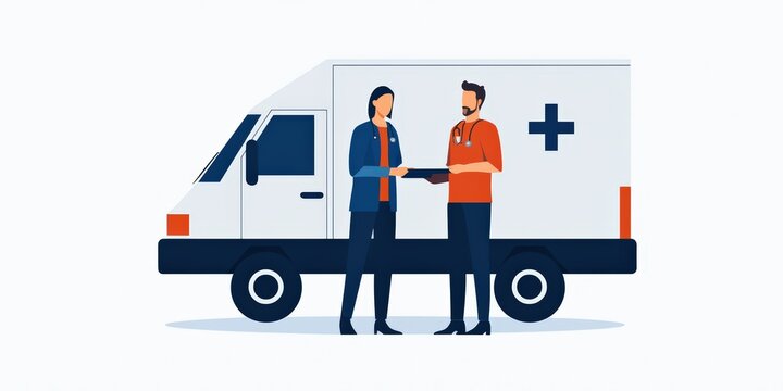 Two medical professionals exchanging information beside an ambulance, representing emergency services and healthcare collaboration.