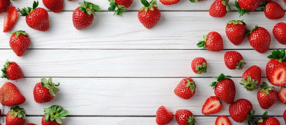 Poster granola scattered with fresh vibrant strawberries on a rustic white wooden background highlighting t