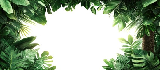 Tropical foliage frame in vibrant greens with tree trunks on the sides creating a natural border around a blank white center.