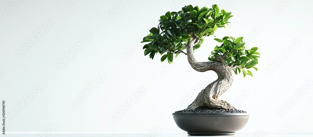 Aufkleber bonsai ficus microcarpa ginseng with lush green leaves and intricate twisted trunk in a round pot on